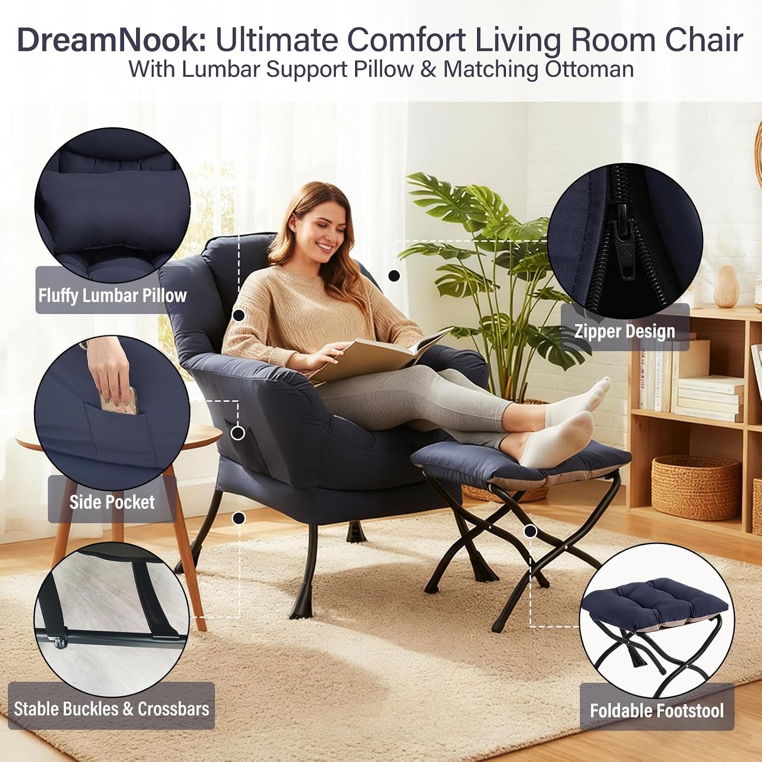 Lazy Chair with Ottoman, Modern Accent Chair with Lumbar Pillow, Navy Blue Sofa, Armchairs with Folding Footrest, Oversized Supportive Chairs for Bedroom, Reading