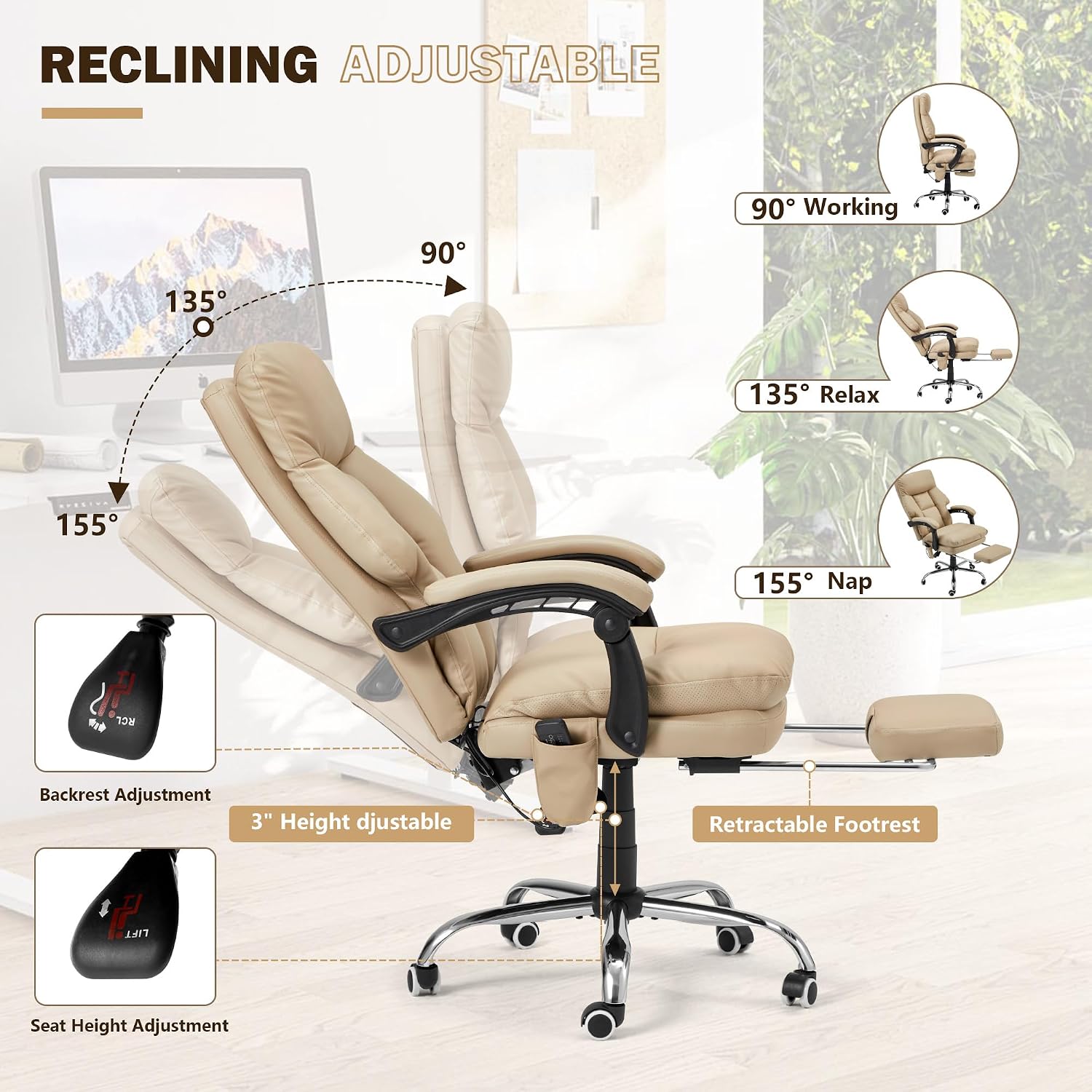 HOMREST Ergonomic Office Chair with 6-Point Massage & Heating, Adjustable Executive Desk Chair with Retractable Footrest, PU Leather Home Office Desk Chair for Home & Office (Khaki)