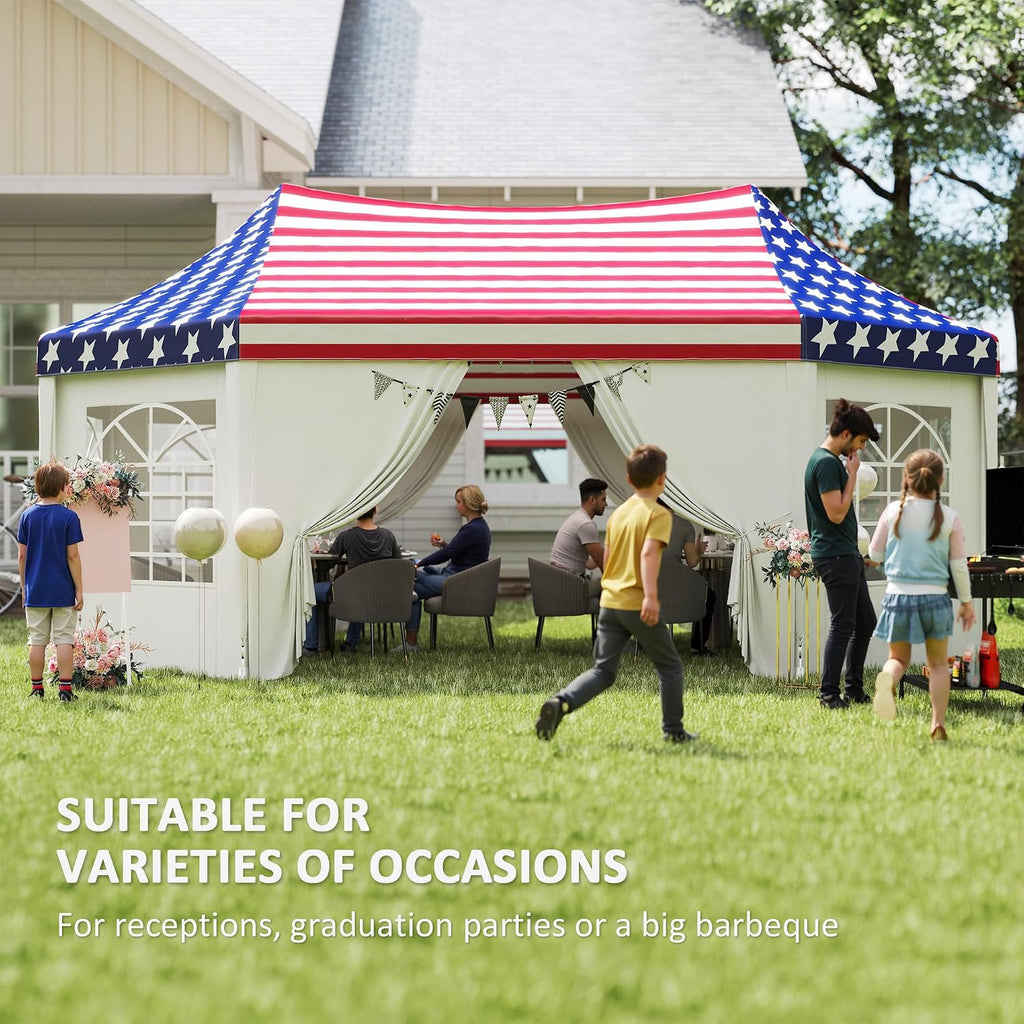 Outsunny 22.3 x 16.4 ft Party Tent, Heavy Duty Event Tent with Sidewalls, 2 Doors and 6 Windows, Outdoor Gazebo Shelter for Wedding, Party, American Flag