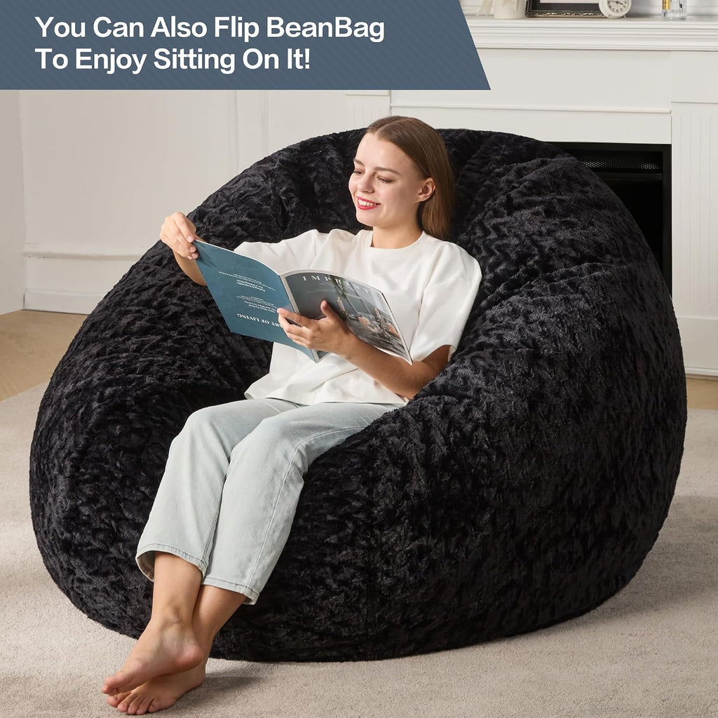 Hobestluk 5ft Bean Bag Chairs for Adults Large Beanbag Chair with Chevron Plush Fur Cover Big Bean Bag Chair for Living Room Bedroom Dorm Office - Black (50' x 50' x 24')