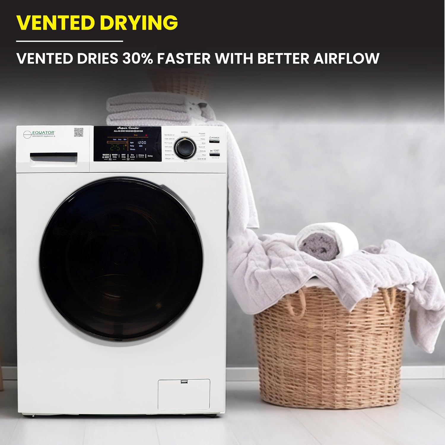 Equator All-in-One Washer Dryer VENTED-DRY 30% FASTER than Condense 15lb 110V in White