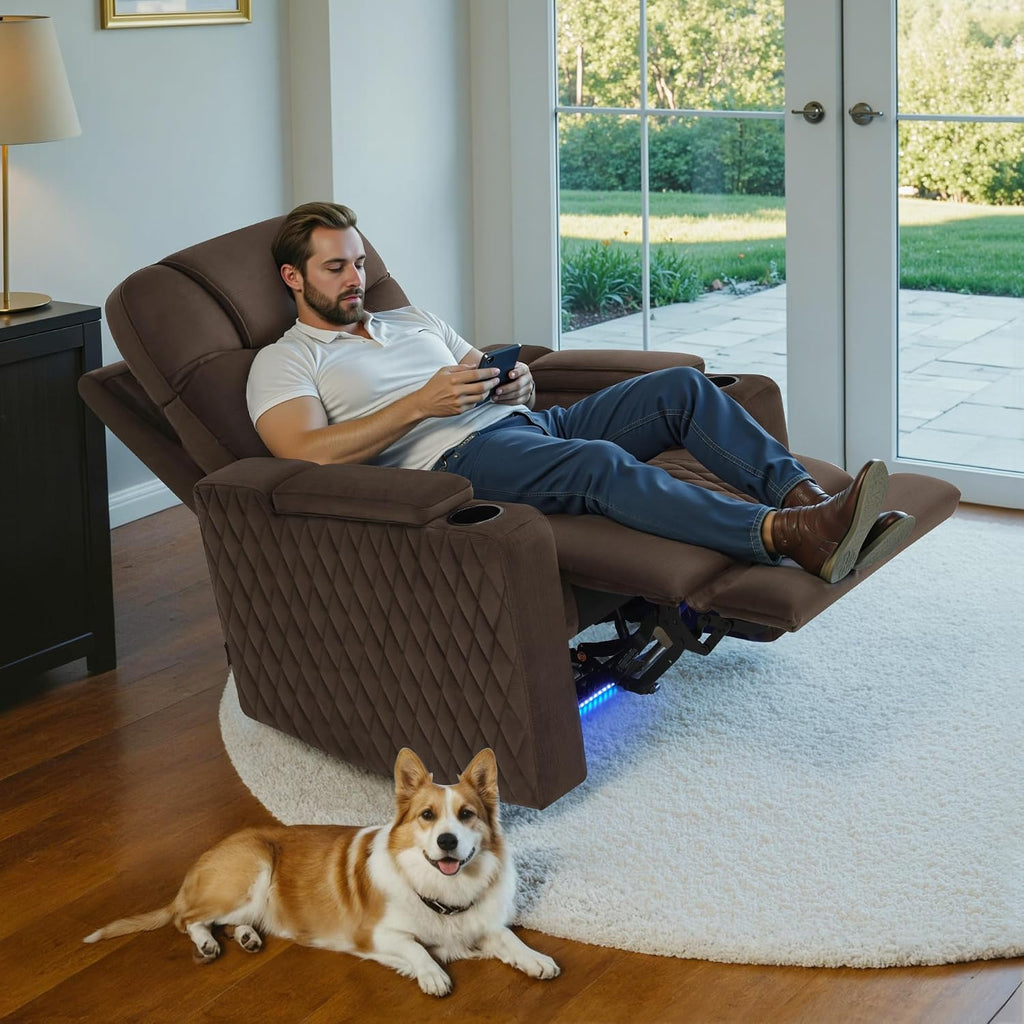 MCombo Zero Gravity Oversized Power Recliner Chair for Adults with Power Headrest & LED Light, Fabric Recliner Chair for Living Room & Home Theater, USB & Type C Port, Armrest Storage HTS401