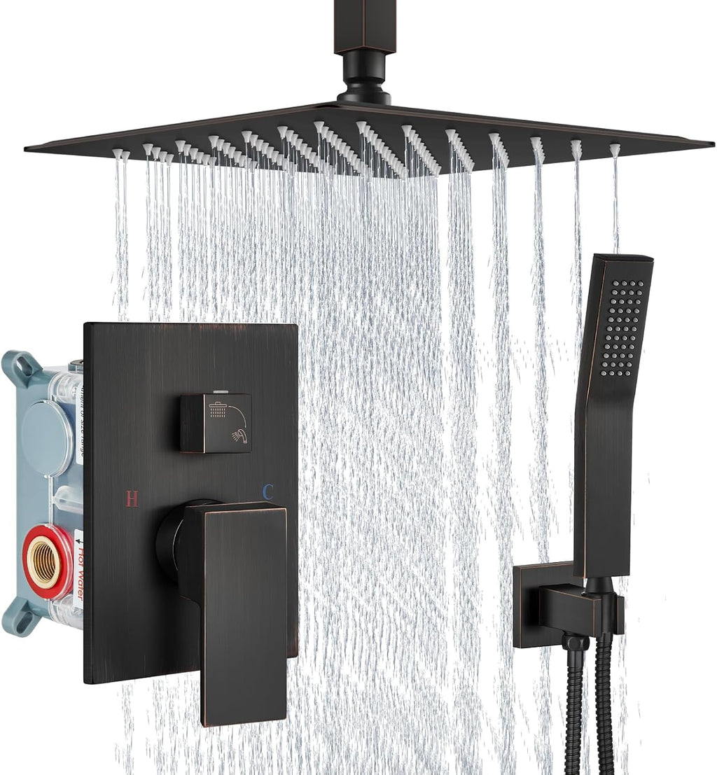 Aolemi Ceiling Mount Shower System Rain Shower Head with Handheld Spray High Pressure Shower Faucet Set Rough-in Valve Shower Trim Kit Included Bathroom Oil Rubbed Bronze 12 Inch Ceiling Shower Head