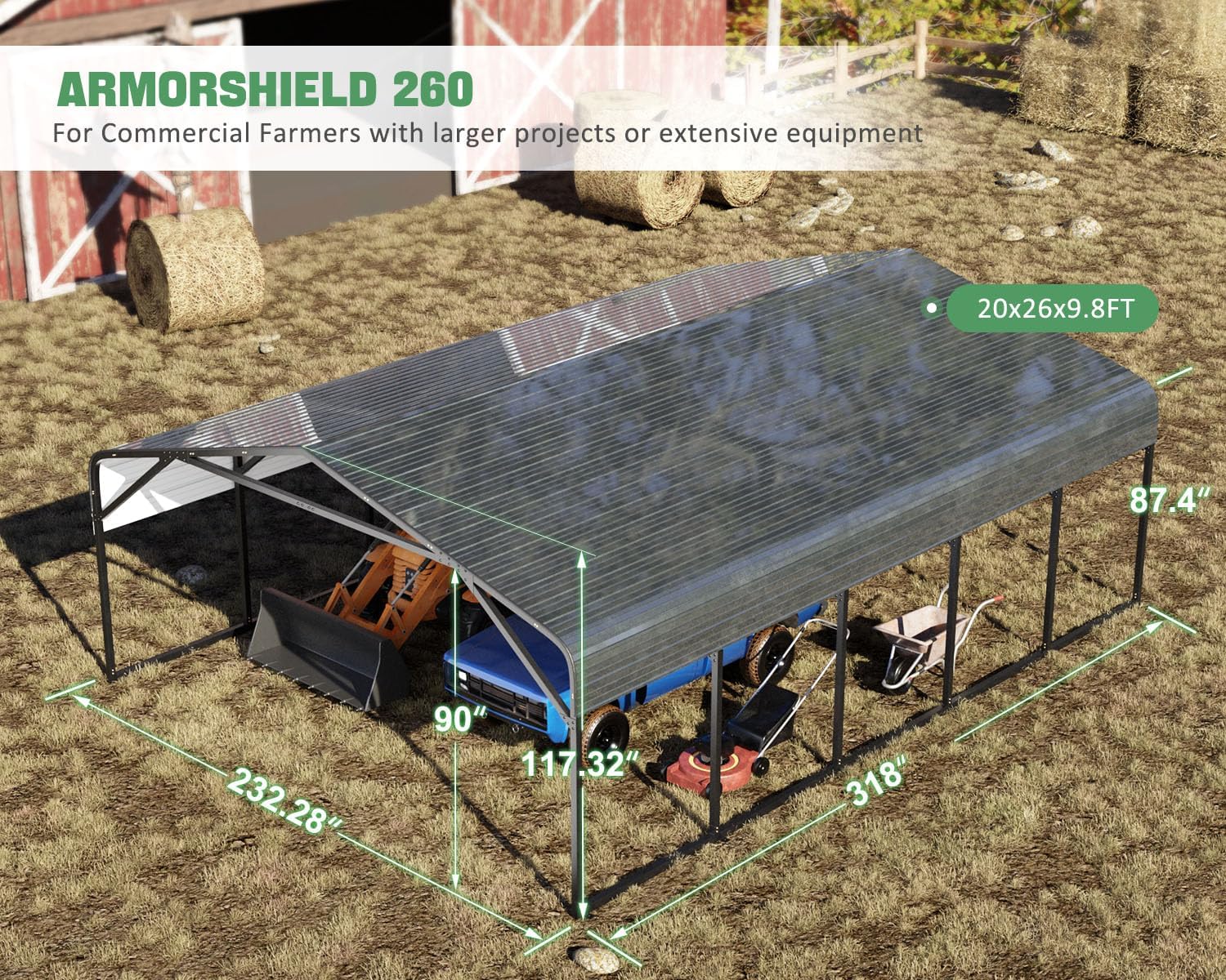 20x26 FT Heavy Duty Carport Garage with Structural Reinforcement | 2-Car Metal Shelter | Galvanized Steel Roof| Ground Anchors | Snow/Wind Resistant | Fits Trucks, RVs, Pickups, Boats, Tractors, SUVs
