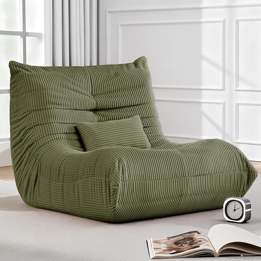 Bean Bag Chair for Adults, Giant Bean Bag Chairs with Lumbar Pillow, Oversized Corduroy Memory Foam Boneless Chair with High-Rebound, Lazy Floor Sofa for Reading Gaming Living Room Bedroom, Green