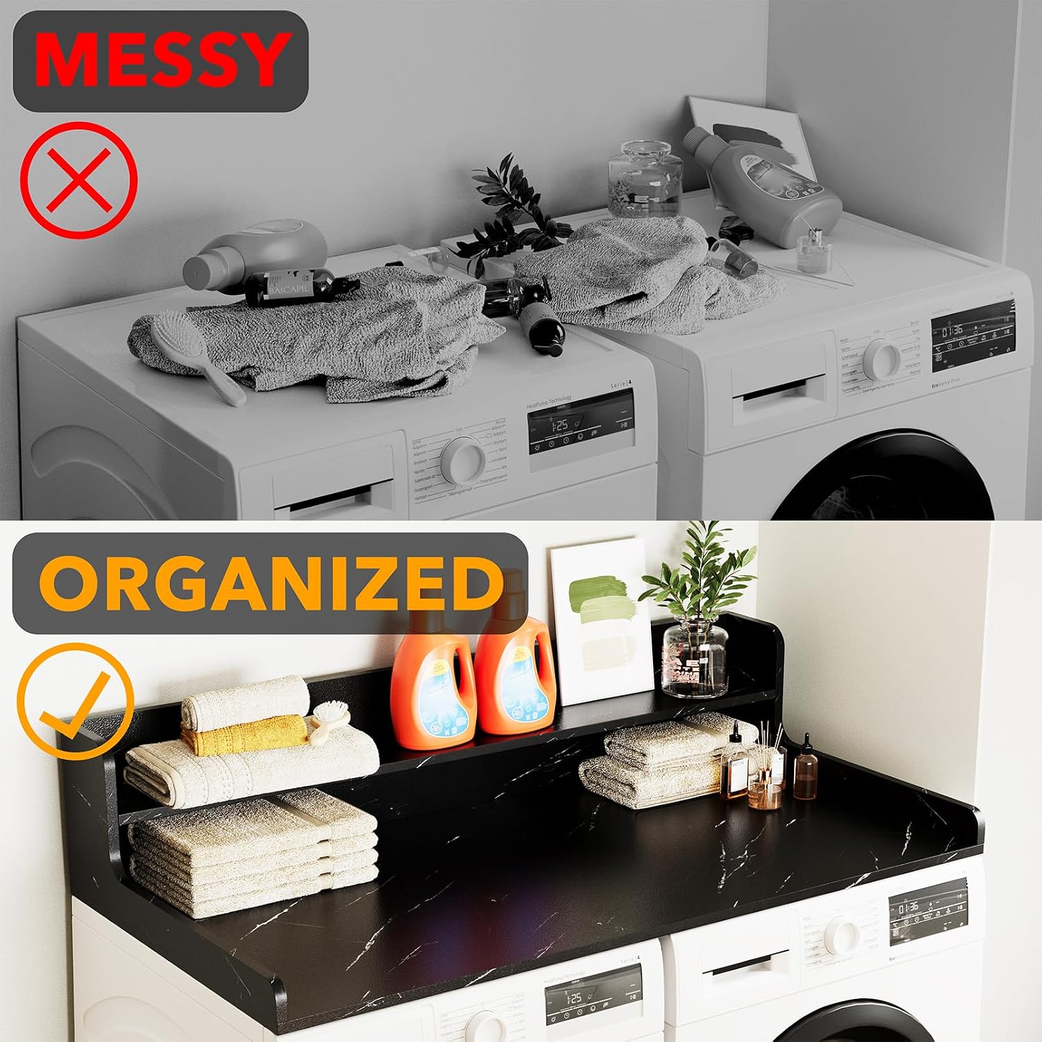 SpaceAid Washer Dryer Countertop with 2-Tier Shelf, Wood Topper with Edge, 54' Width x 27.5' Depth Cover Organizer Guard for Washer and Dryer Counter Laundry Hamper Storage (Black Marble)