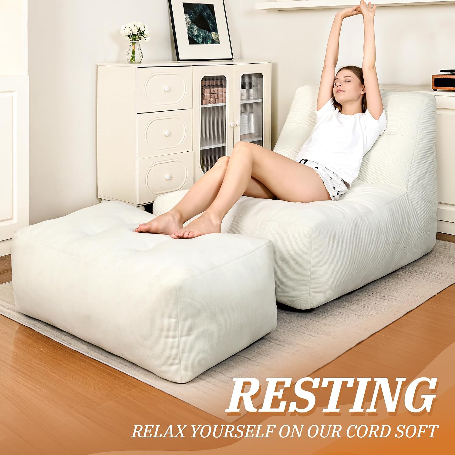 Bean Bag Chair with Ottoman, Giant Bean Bag Chairs for Adults with Memory Foam, Comfy Bean Bag Sofa for Bedroom, Lounge Beanbag of Reading and Gaming with Filler Included(White)