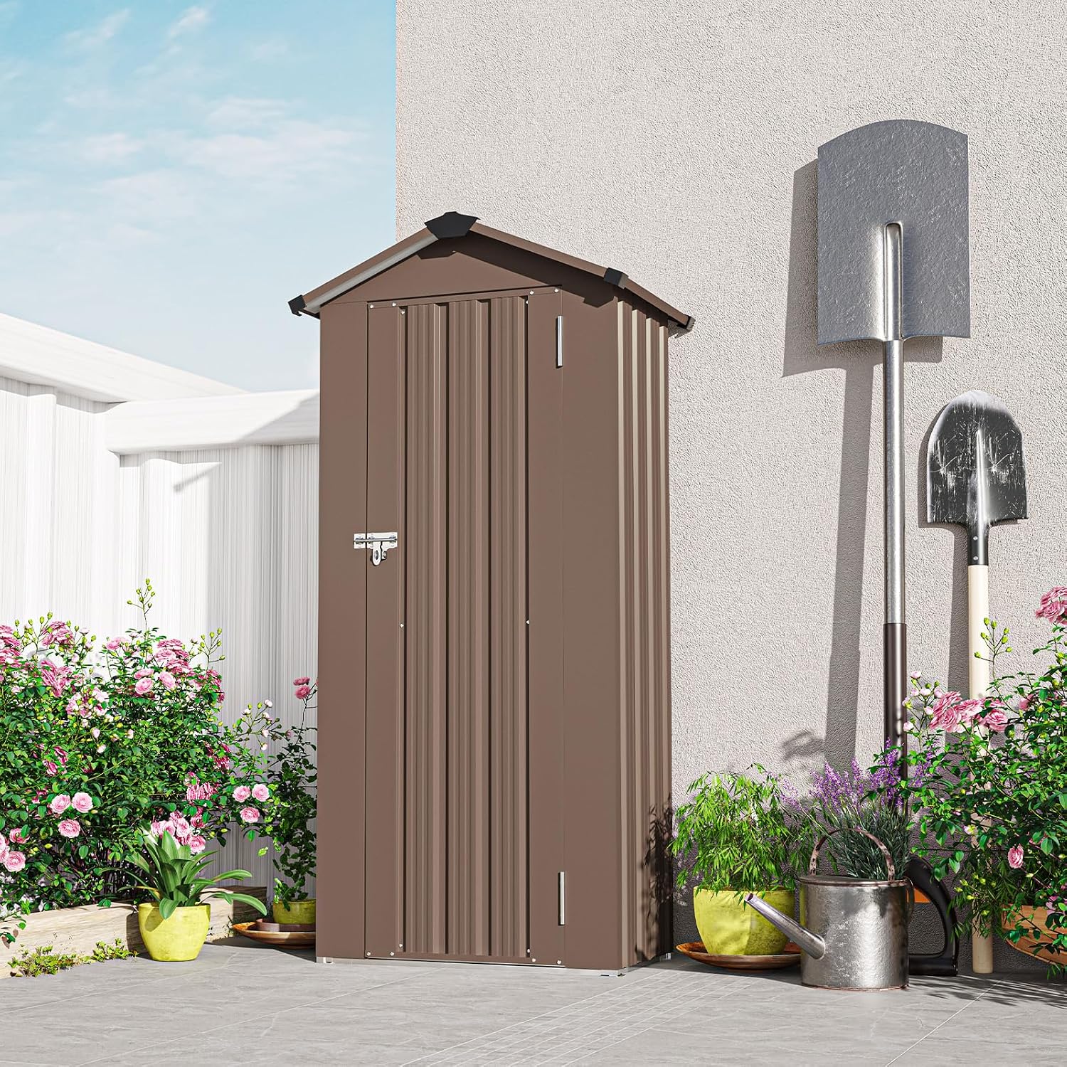 Outdoor Storage Shed, Metal Garden Tool Shed with a Solid Lock System, Outdoor Door Storage Cabinet for Patio, Garage, Poolside, Bikes, and Garden (Brown)