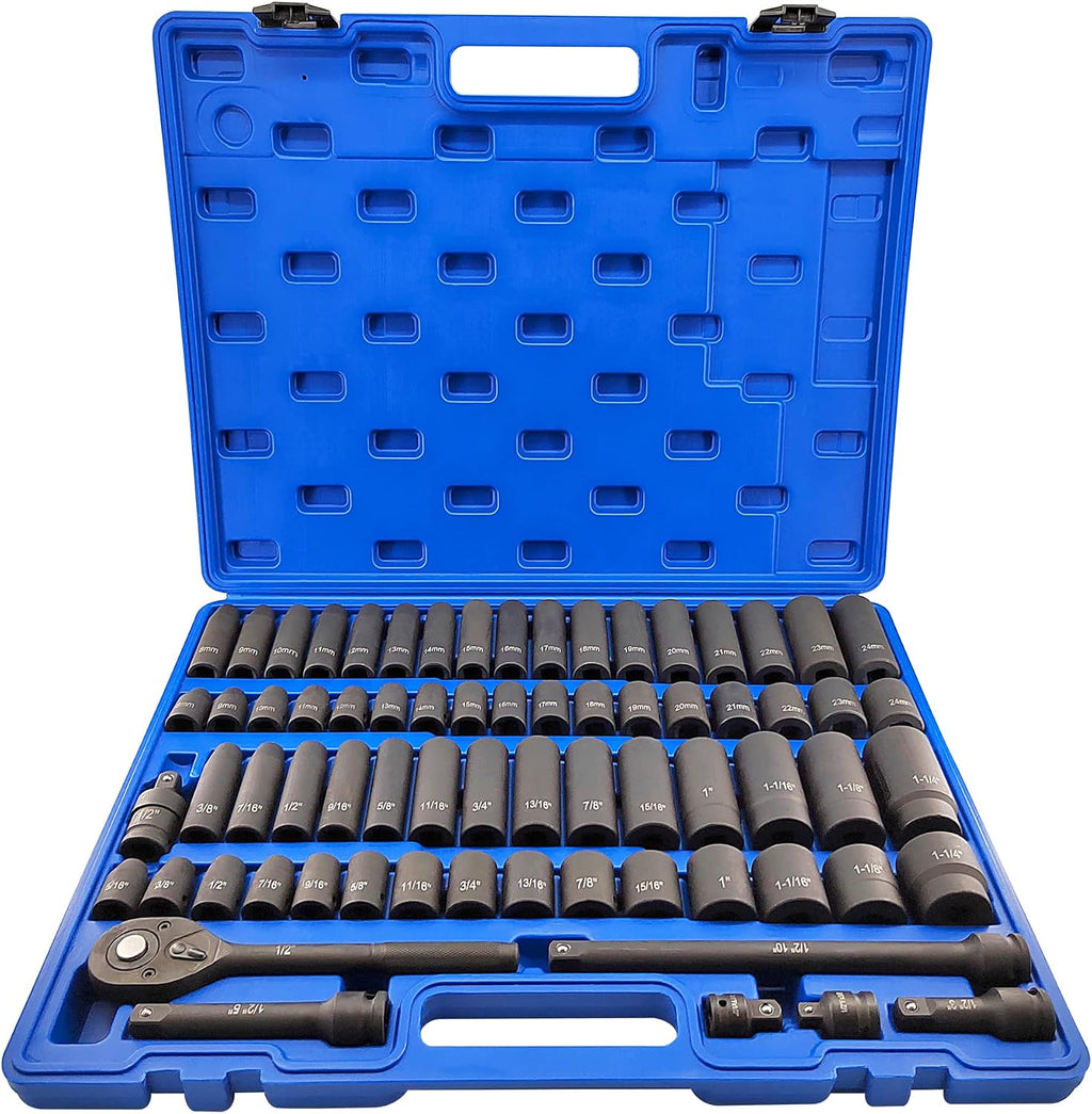 70pcs 1/2' Drive Impact Socket Set, Cr-V Steel, SAE & Metric, Standard/Deep Sockets with 72 Teeth Ratchet Handle, Extension Bar, and Adapters