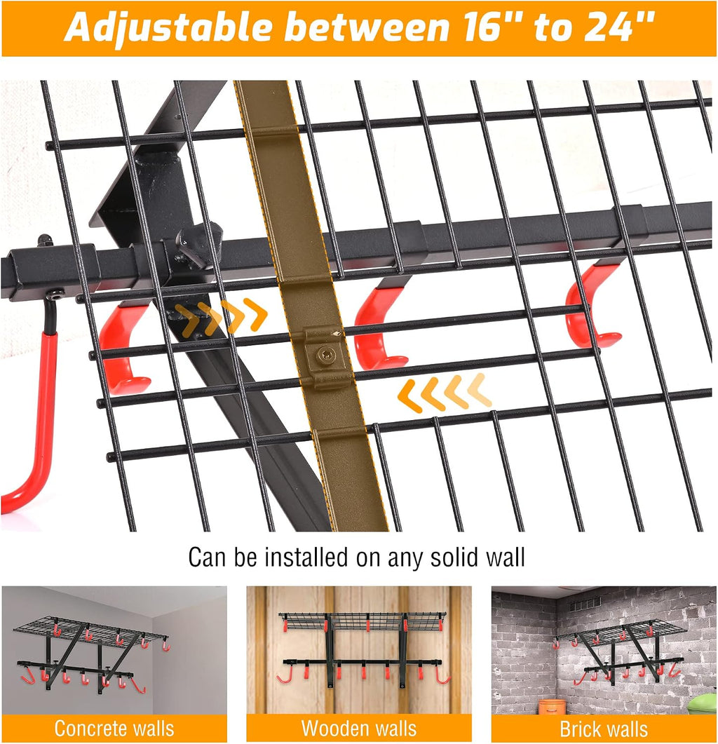 PLKOW Garage Wall Shelving 4-Pack Includes Bike Hooks, Sturdy Adjustable Garage Shelving Wall Mount Wall Organizer (Black, 4-Pack)