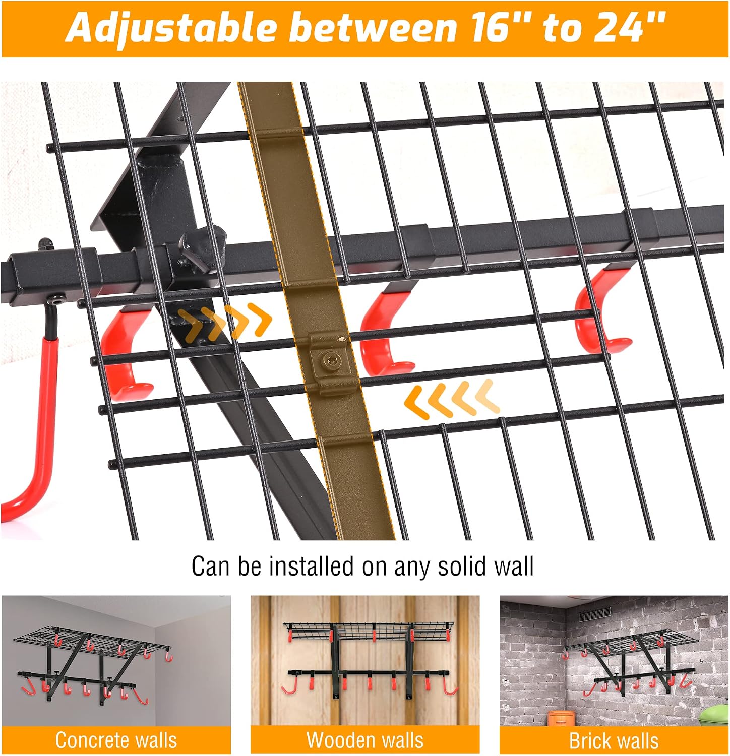 PLKOW Garage Wall Shelving 4-Pack Includes Bike Hooks, Sturdy Adjustable Garage Shelving Wall Mount Wall Organizer (Black, 4-Pack)