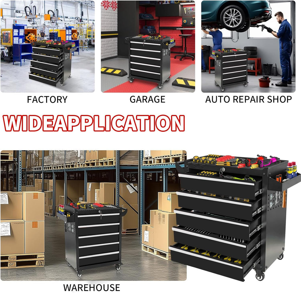 Rolling Tool Chest with Wheels, 5 Drawers Tool Storage Cabinet, Portable Metal Tool Box Organizer with Lock, Tool Cart on Wheels Toolbox Workbench for Garage, Workshop, Warehouse(Required Assembly)