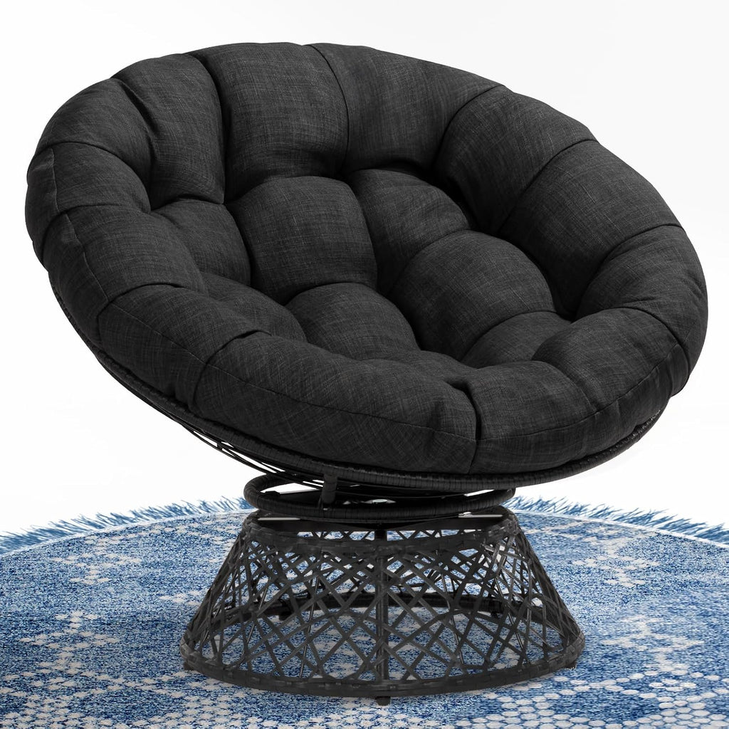 Bme 40' Ergonomic Wicker Papasan Chair with Soft Thick Density Fabric Cushion, High Capacity Steel Frame, 360 Degree Swivel for Living, Bedroom, Reading Room, Lounge, Onyx Stone - Black Base
