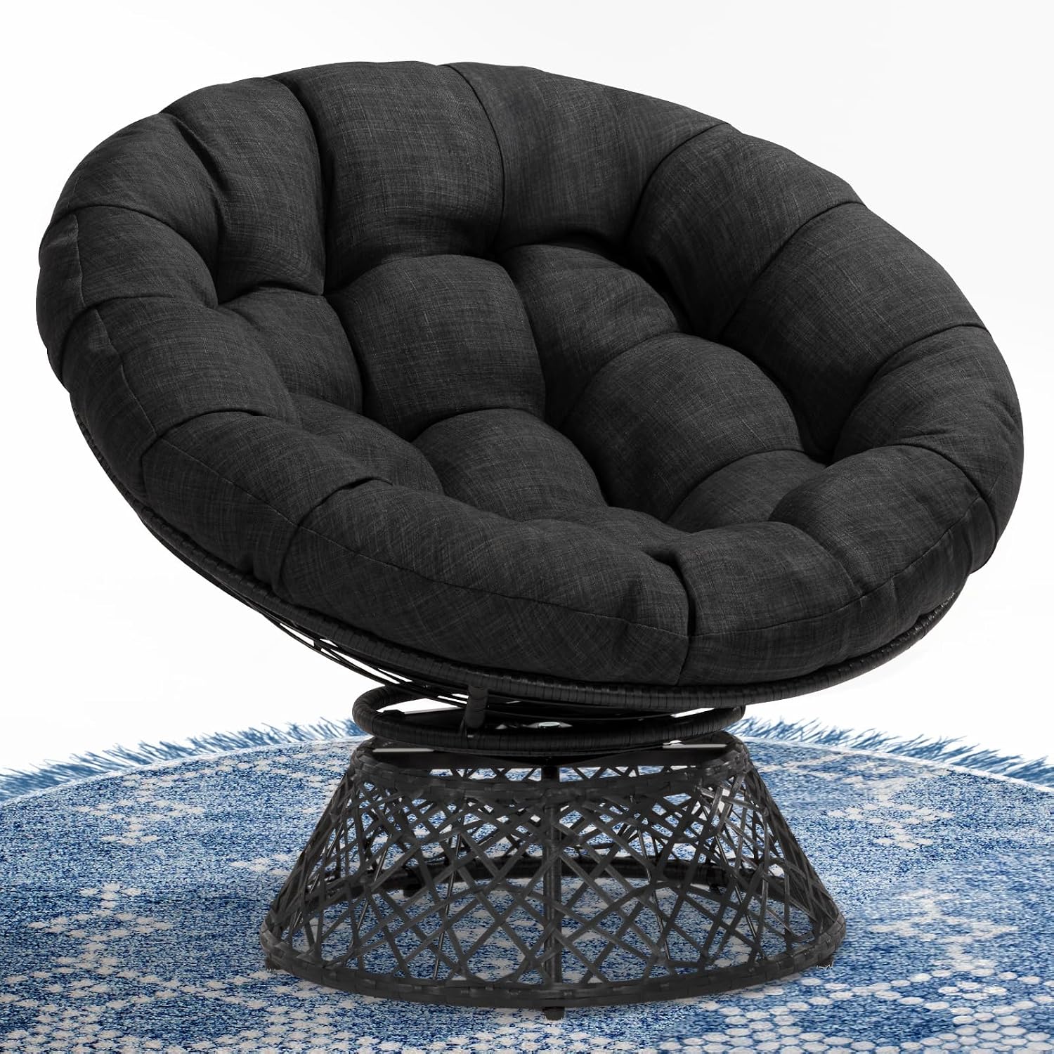 Bme 40' Ergonomic Wicker Papasan Chair with Soft Thick Density Fabric Cushion, High Capacity Steel Frame, 360 Degree Swivel for Living, Bedroom, Reading Room, Lounge, Onyx Stone - Black Base