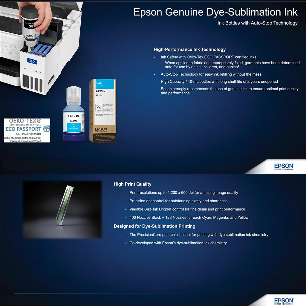 Epson SureColor F170 Dye-Sublimation Printer – Compact 8.5' x 11' Format – Includes Genuine Epson Ink, User Guide & Power Cable – Original OEM Product with Full Manufacturer Support
