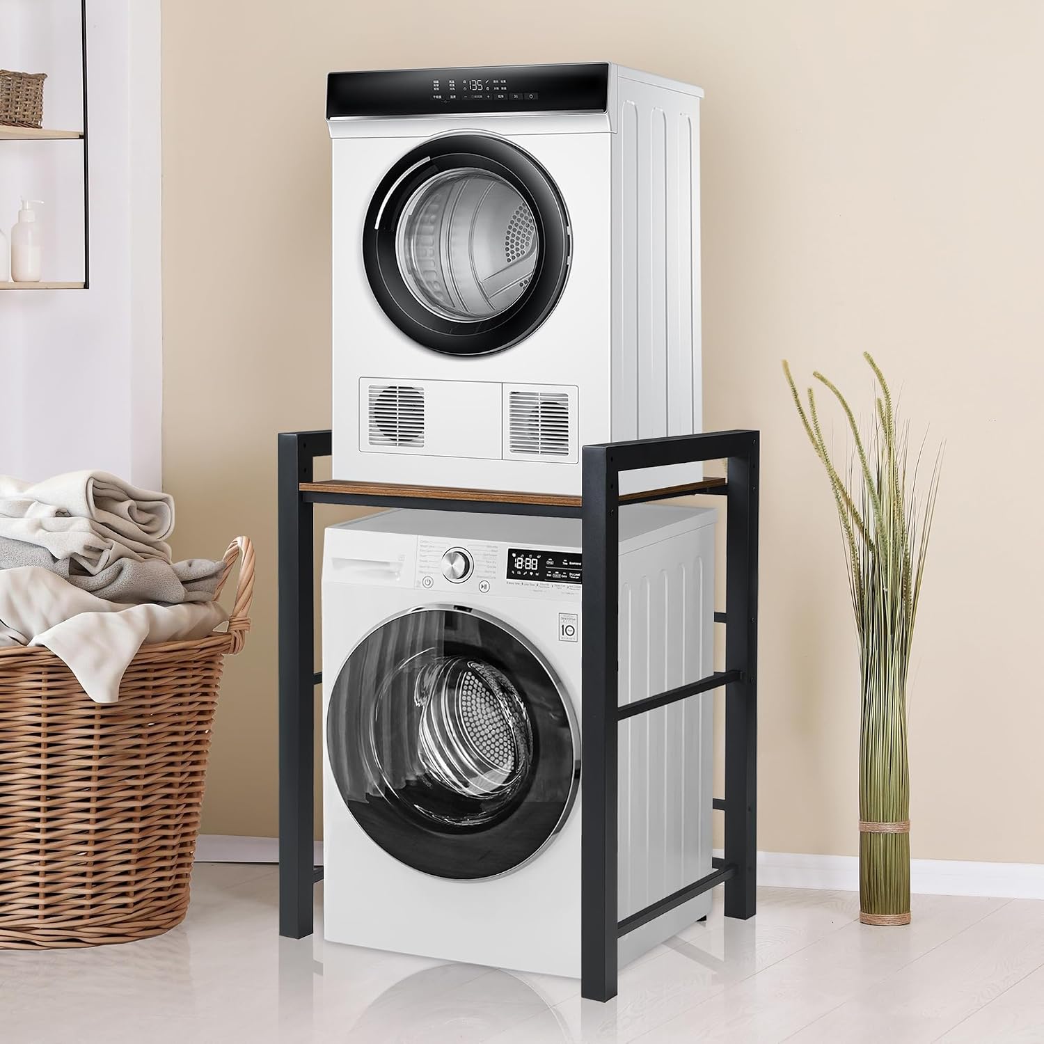 Washer Dryer Stacking Rack, 660lbs Capacity Heavy Duty Washer and Dryer Stacking Stand, 3 Adjustable Height Washing Machine Shelf for Compact Apartment, Laundry Rooms, Bathrooms and RV ((Black)