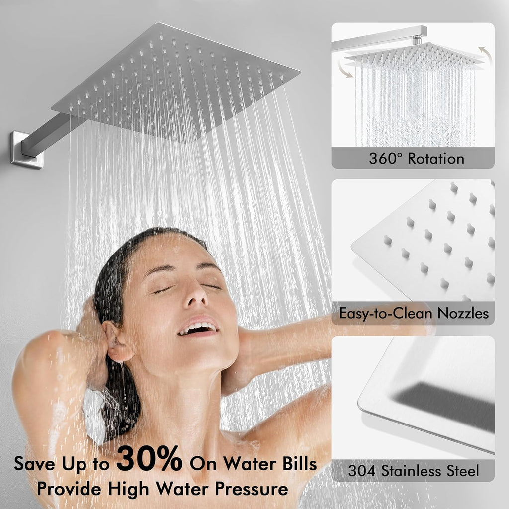 KES Shower System Pressure Balancing Shower Valve with Tub Faucet Spout Set Handheld and 10 Inch Rainfall Shower Head Combo All Metal Brushed Finish, XB6300-BN