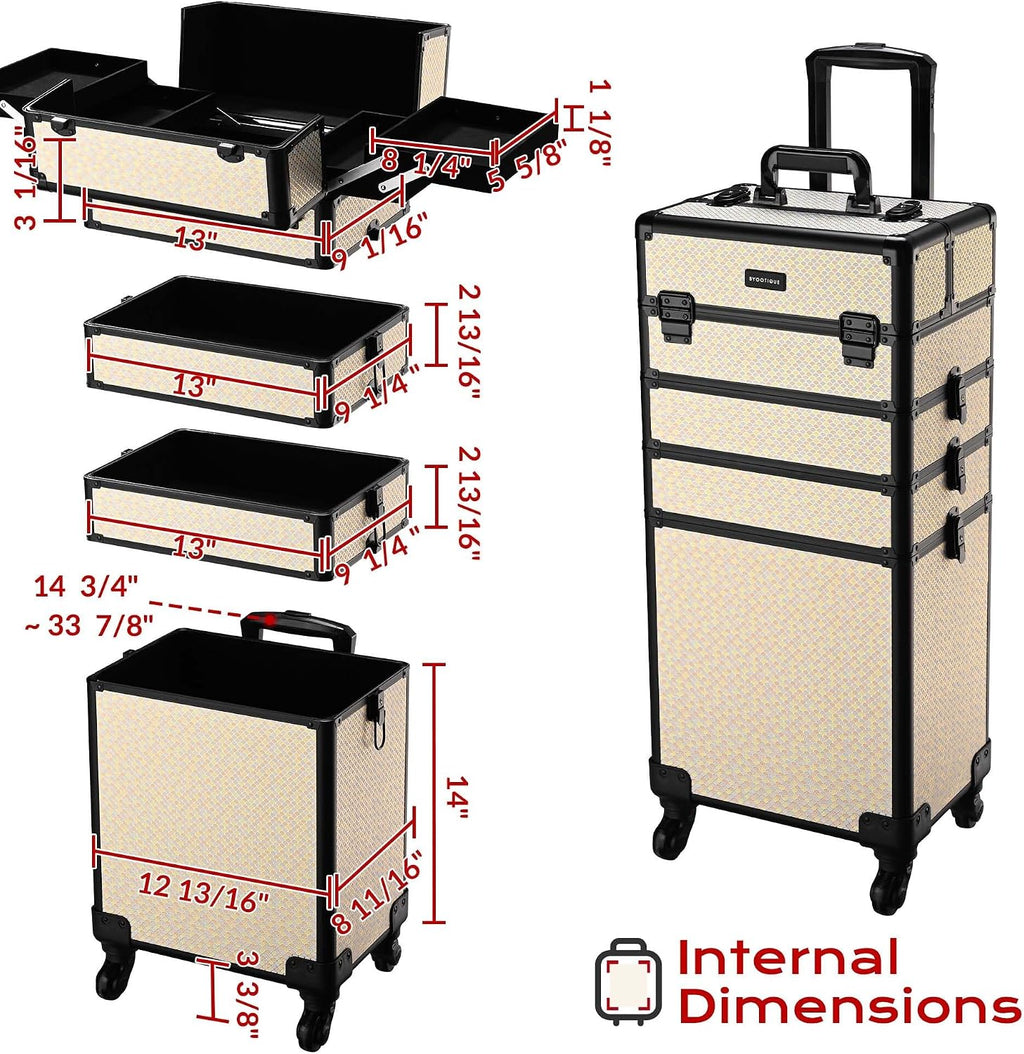 BYOOTIQUE 4in1 Rolling Makeup Train Case Cosmetology Case on Wheels,Large Capacity Easy Access Cosmetic Organizer for Makeup Artist Hairstylist,Art Deco Pastel