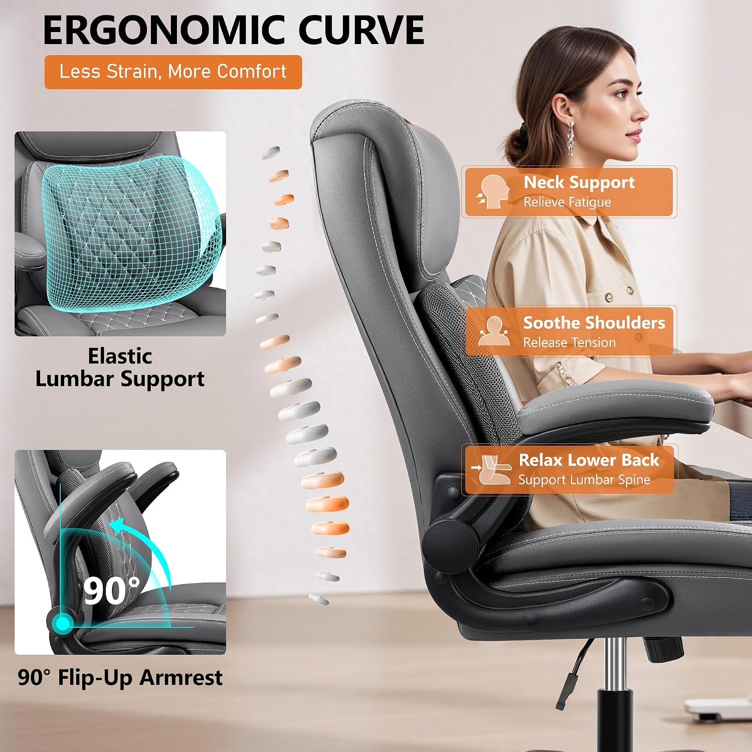 BESTFAIR Office Chair, Ergonomic Computer Desk Chairs with Lumbar Support for Lower Back Pain Relief, Executive Leather Home Chair Comfy with Padded Flip-up Armrests, Gray, 4-Pack