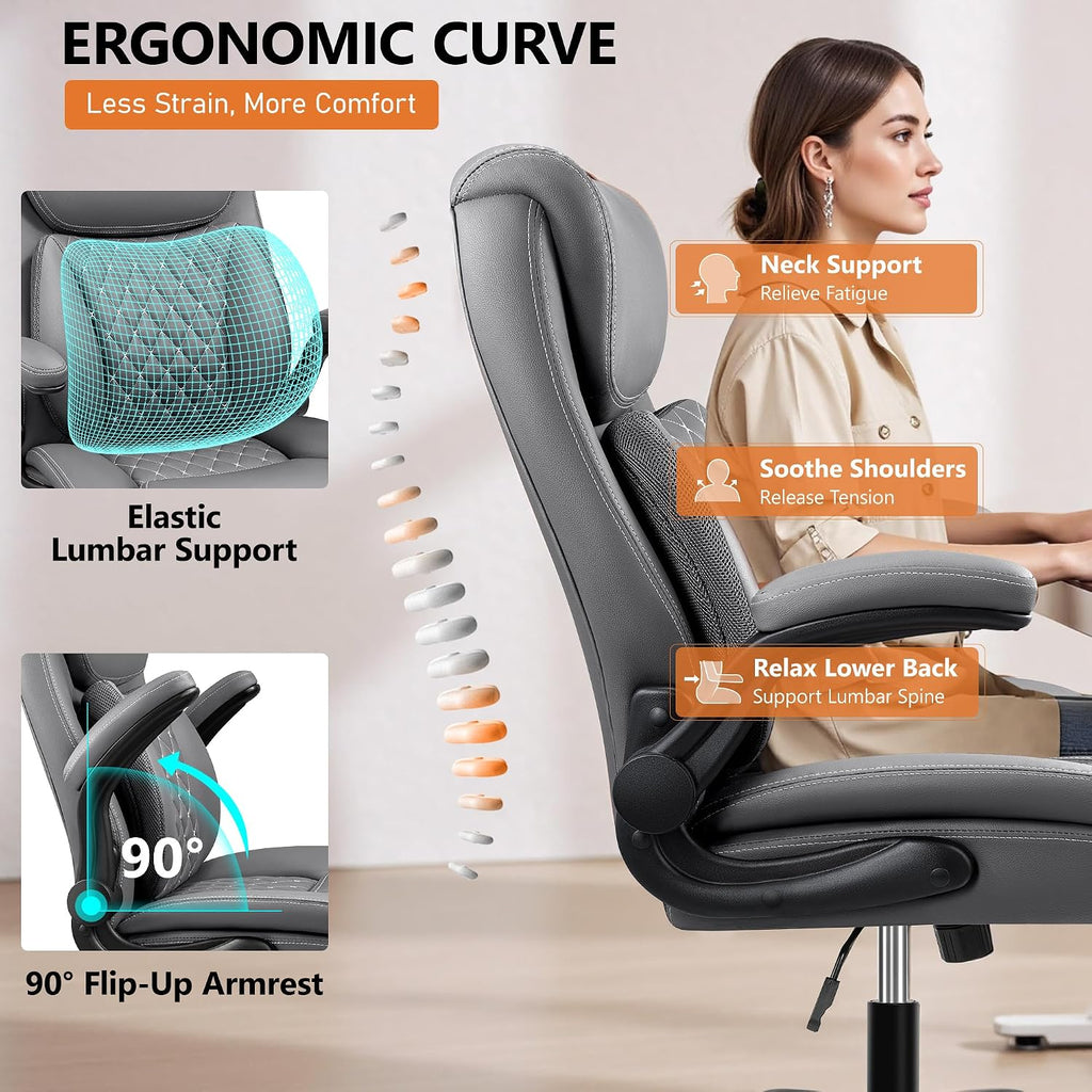 BESTFAIR Office Chair, Executive Computer Desk Chair with Lumbar Support for Lower Back Pain Relief, Ergonomic Leather Home Chair Comfy with Padded Flip-up Arms and Adjustable Armrests, Gray