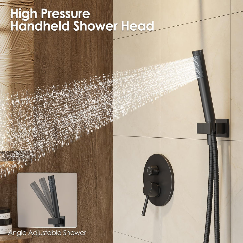 Gabrylly Black Shower System with Tub Spout, Bathtub Shower Faucets Set with 3-Way Shower Valve, High Pressure 10' Rain Shower head with Handheld Spray Combo, Wall Mounted Tub Shower Kit, Matte Black