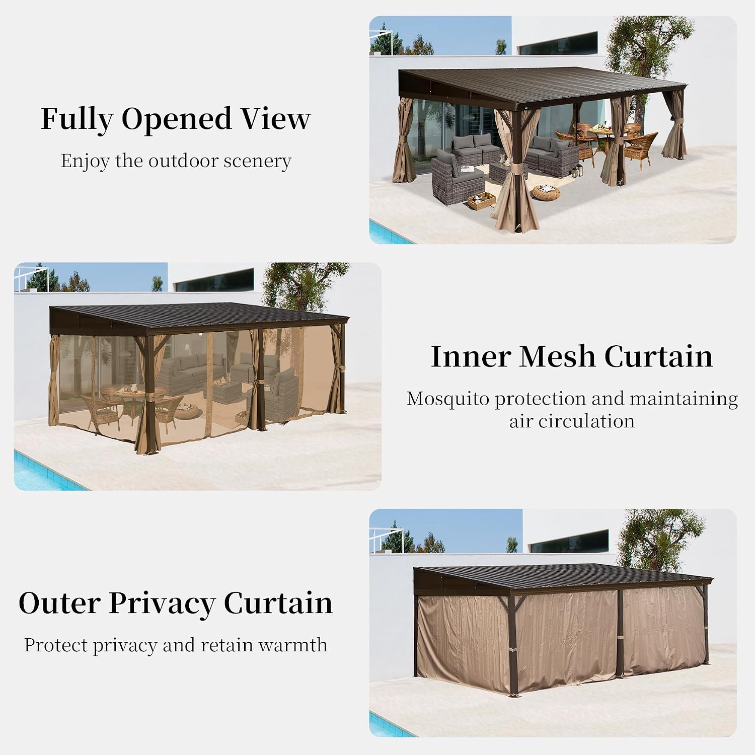 Domi 12x20FT Lean to Gazebo, Outdoor Hardtop Wall Mounted Gazebo with Sloping Galvanized Steel Roof, Aluminum Frame Mounted Pavilion with Netting and Curtain Included for Deck, Porch, Backyard