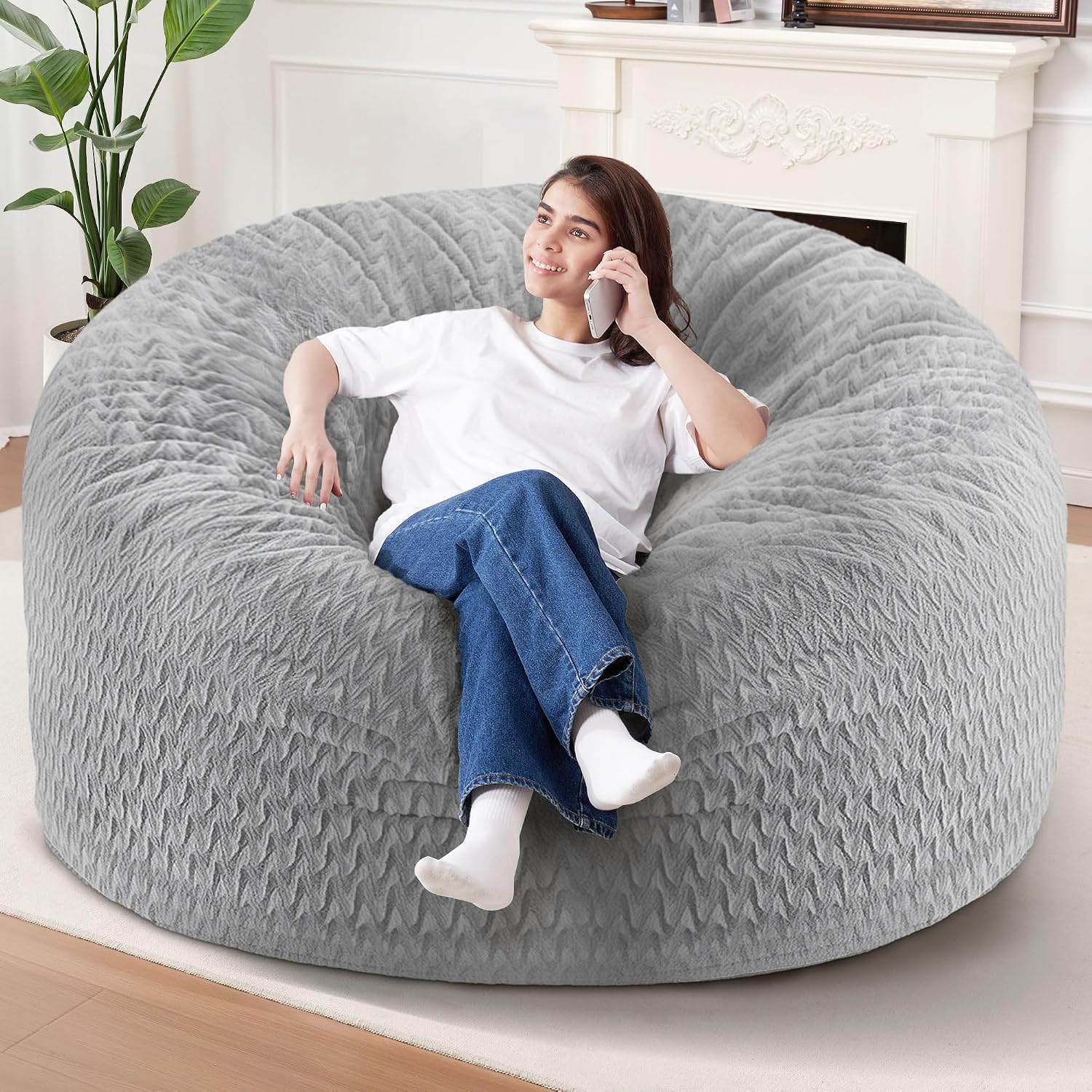 6FT Bean Bag Chair,Giant Bean Bag Chairs for Adults,Big Bean Bags with Memory Foam Filled, Large Beanbag Chairs with Chevron Plush Cover-Light Grey