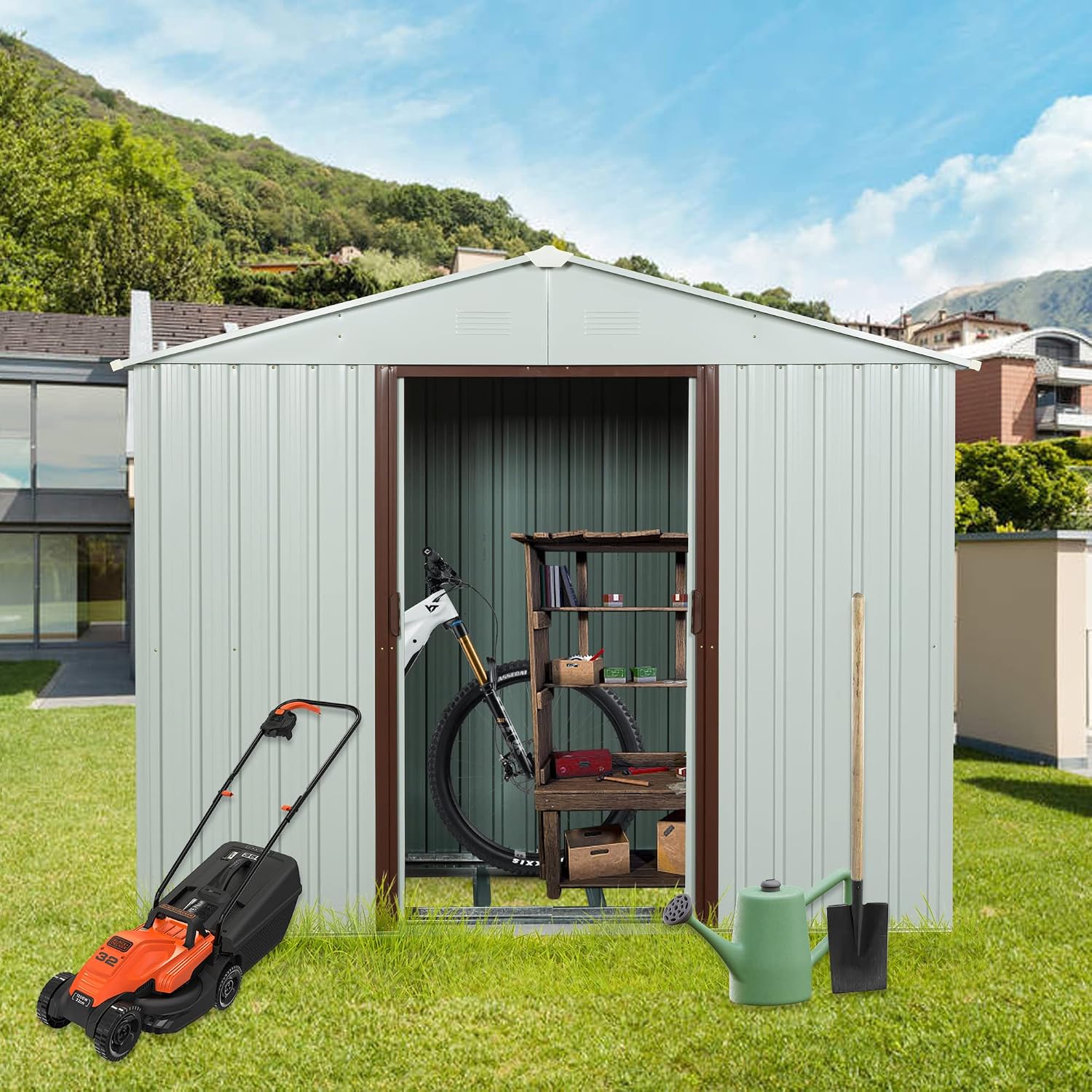 8 x 4 FT Outdoor Storage Shed, Metal Garden Shed with Floor Frame, Tool Shed Outdoor Storage with Lockable Sliding Doors & Air Vents, Storage House Waterproof for Backyard, Lawn, White