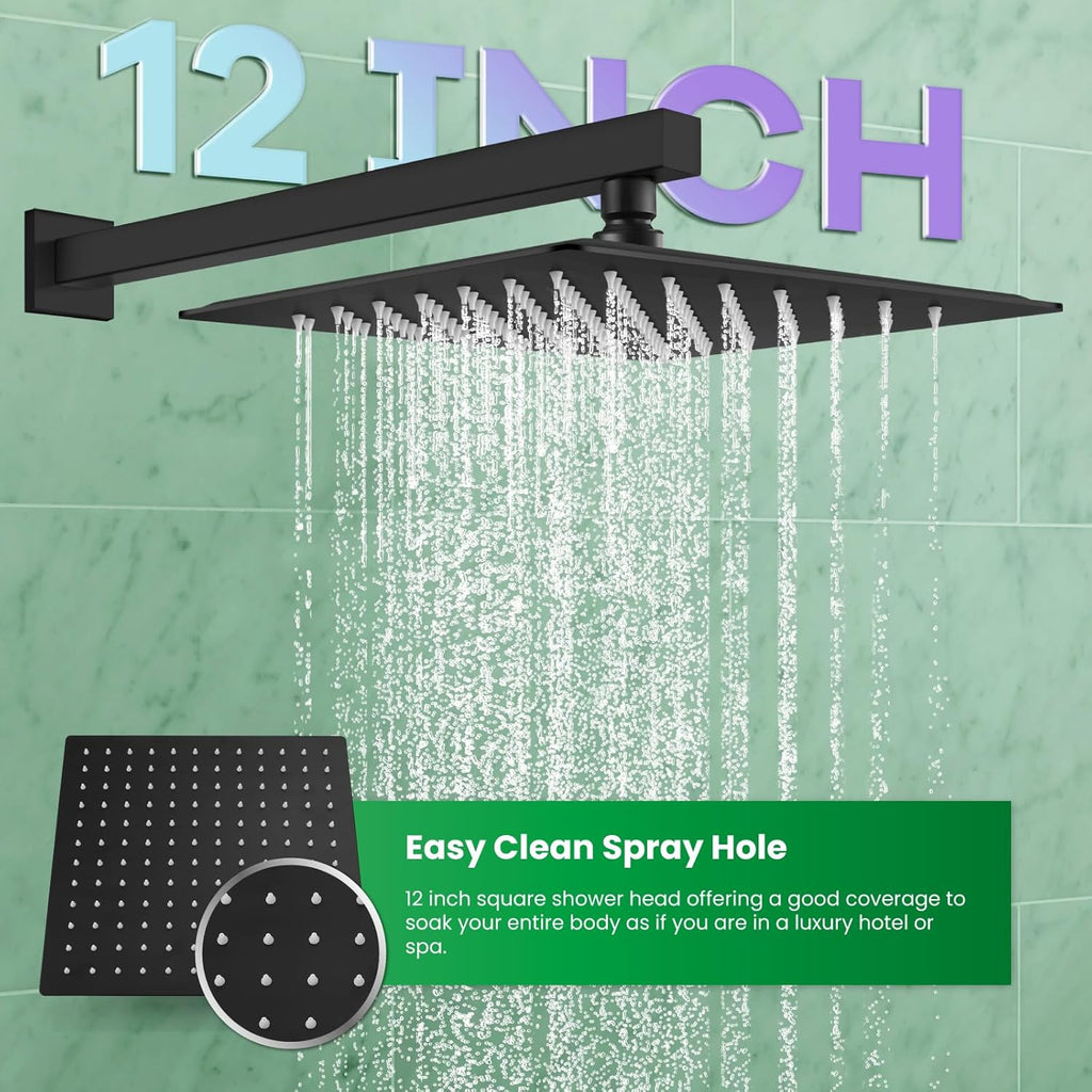 gotonovo Rainfall Bathroom Shower System Rain Shower Head and Handle Set Wall Mounted Shower Complete Combo Solid Brass Pressure Balancing Shower Mixer Valve 12 Inch Matte Black