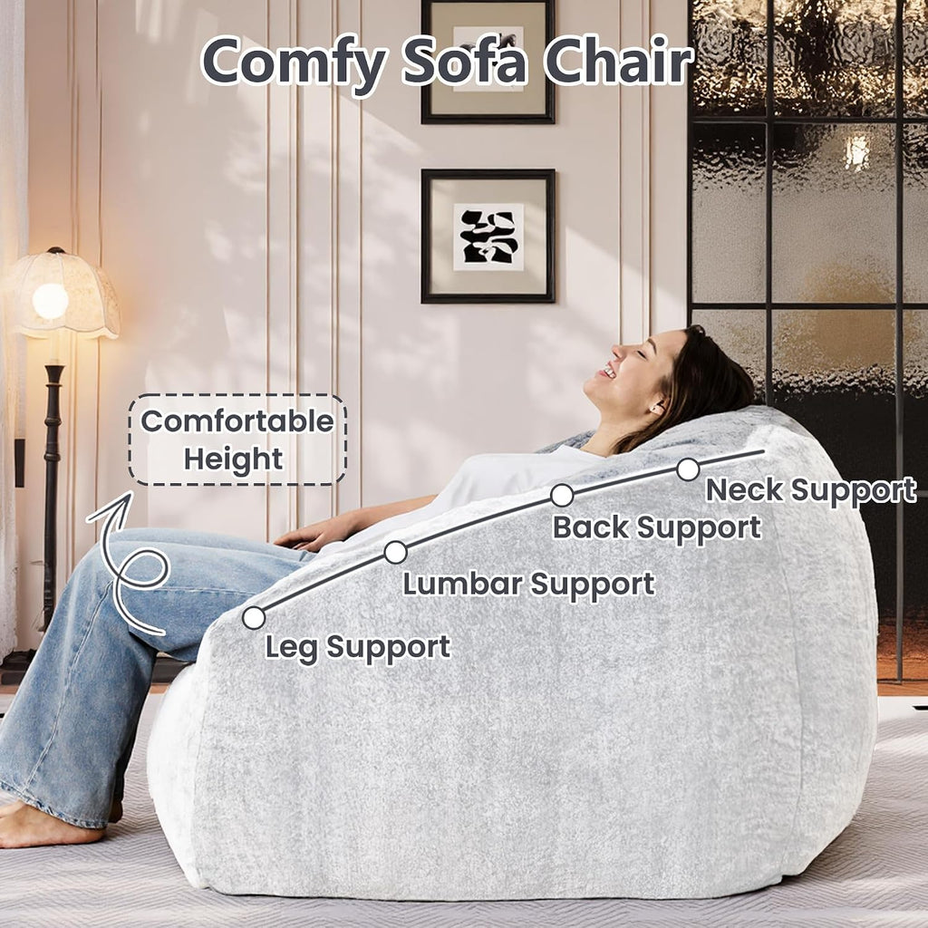Bean Bag Chairs for Adults, Giant Beanbag Sofa Comfy Reading Chair, Oversized Bean Bag Chairs for Living Room Bedroom, Soft Faux Fur Fabric, 3.2FT, Light Grey, Plush