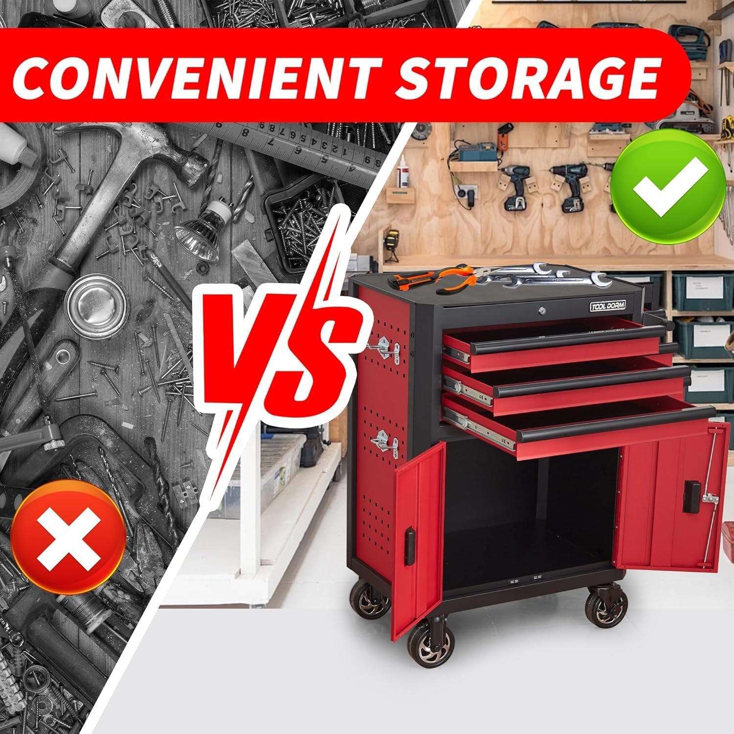 Rolling Tool Chest with Locking Wheels - Tool Box with 3 Drawers & 1 Big Tool Cabinet with 2 Door, 18.5' D x 28' W x 40' H Mobile Tool Storage Cabinet, Heavy-Duty Garage Organizer w/Ergonomic Handle