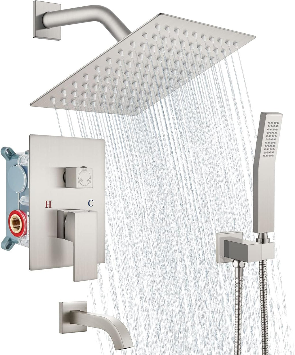 Aolemi Rainfall Shower System Shower Head Combo Set with Tub Filler Handheld Shower Luxury Rough-in Valve Included Wall Mount Bathroom Shower Mixer Faucet 8 Inch Shower Head Brushed Nickel