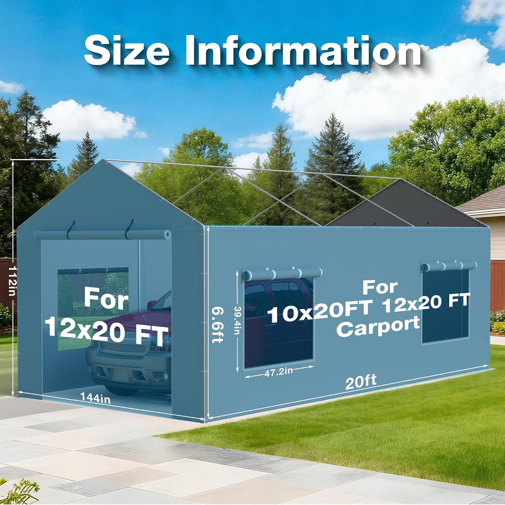 2 Pack Carport Canopy Replacement Sidewalls with Roll-up Windows, 2 Pack Zipper Doors for 12x20FT, Waterproof & UV Protected, Easy Assembly with Ball Bungees, Grey (Frame and Top Cover Not Included)