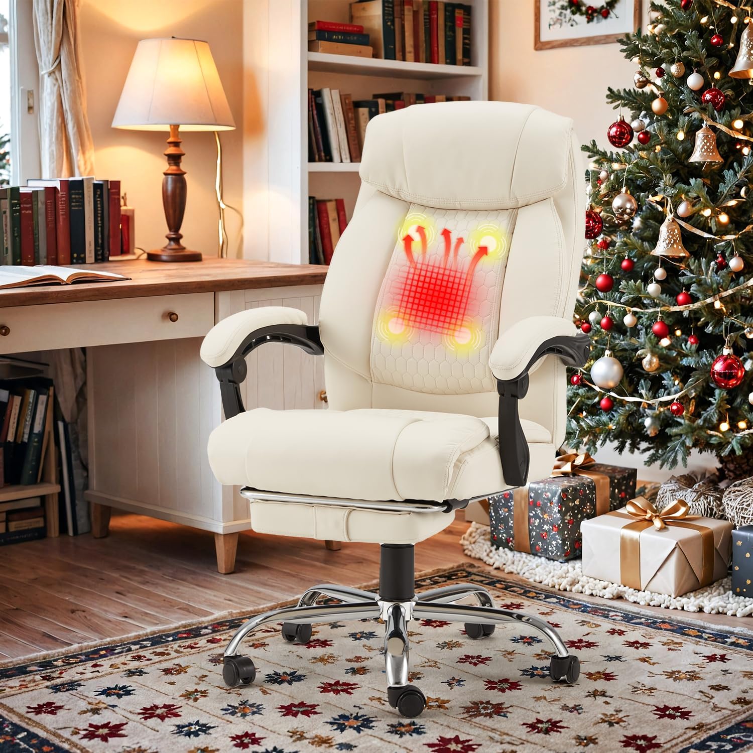 HOMREST 4-Point Massage Office Chair with Heating and Footrest, Reclining Executive Leather Desk Chair, Ergonomic Heated Managerial Chair for Home Office, Beige