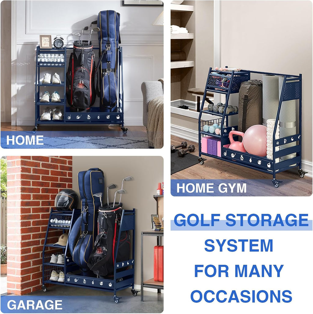 Lauren&Harold Golf Bag Organizer Garage Storage, Golf Storage Rack Stand Fits 2 Golf Bags, Golf Clubs and Other Golfing Equipment Accessories, Golf Organizer for Garage, Club, Shed, Basement