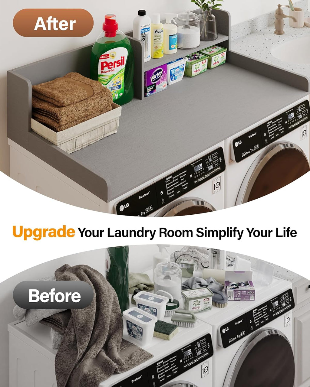 Premium HDPE Washer Dryer countertop with Shelf 54'x27.5' – Waterproof Washer Dryer Topper for Laundry Room Organization, Washer Dryer Countertop for Folding Clothes, Sorting & Storage， Grey