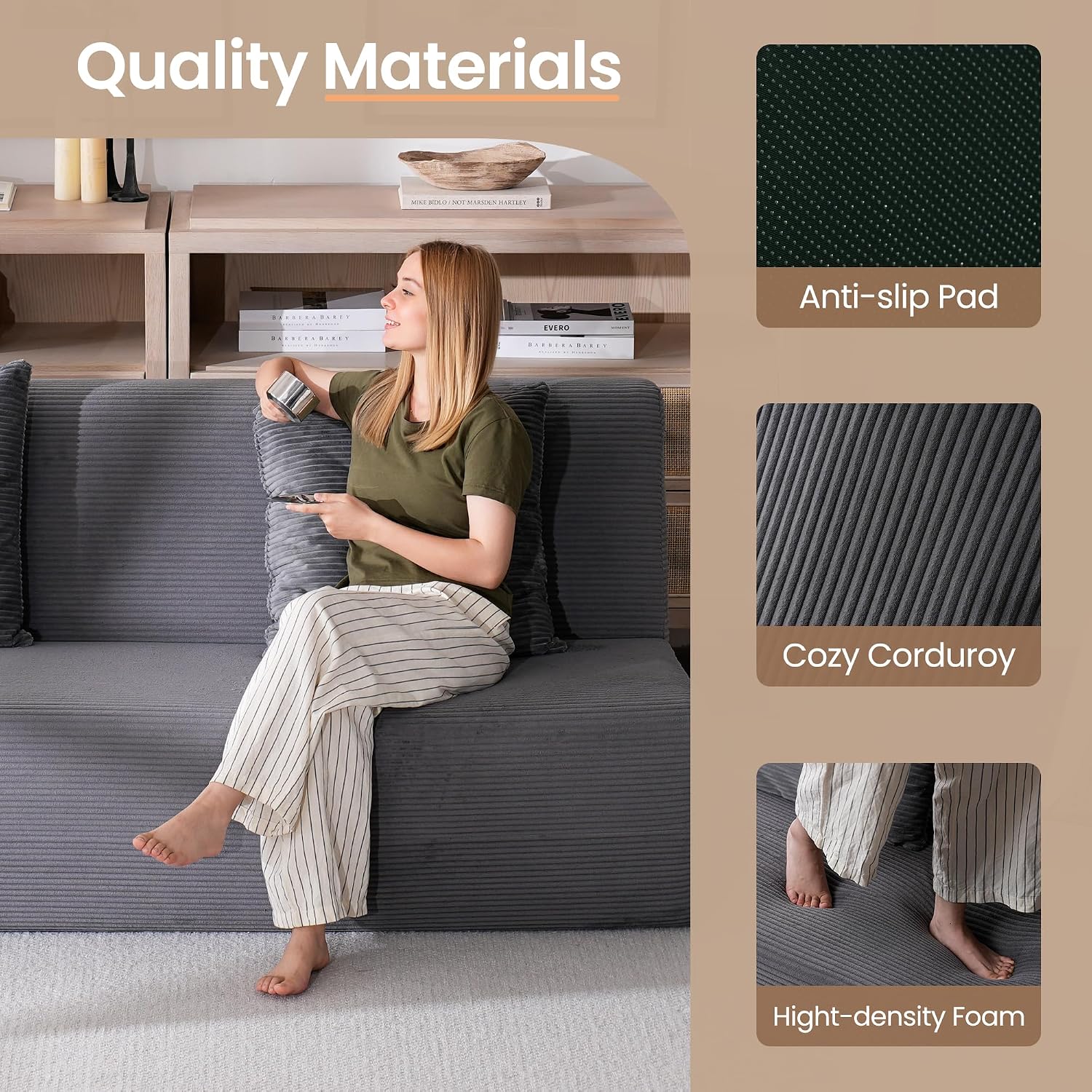 Folding Sofa Bed, Convertible Sleeper Chair with Pillows, High Support Memory Foam & Soft Corduroy Fbric, Comfy Couch Bed, Floor Loveseat Couch for Living Room, Apartment, Guest Room,Grey