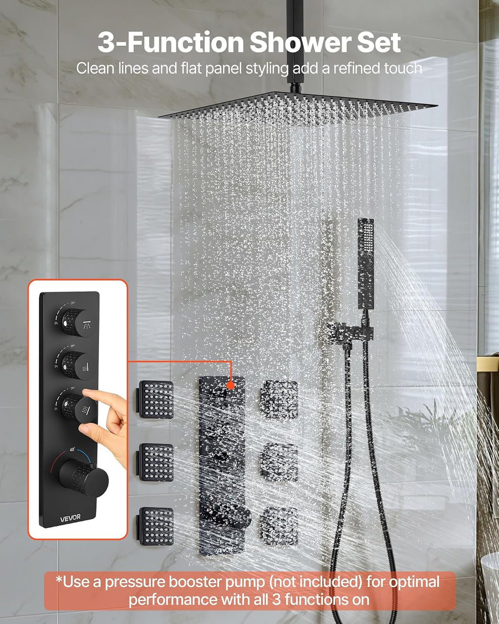 VEVOR Shower Faucet Set, 16 Inch Thermostatic Ceiling Mount Rainfall Shower System with 6 Body Jets and Handheld Spray, Rotatable 3-Function Rain Head Complete Brass Valve and Trim Kit, Matte Black