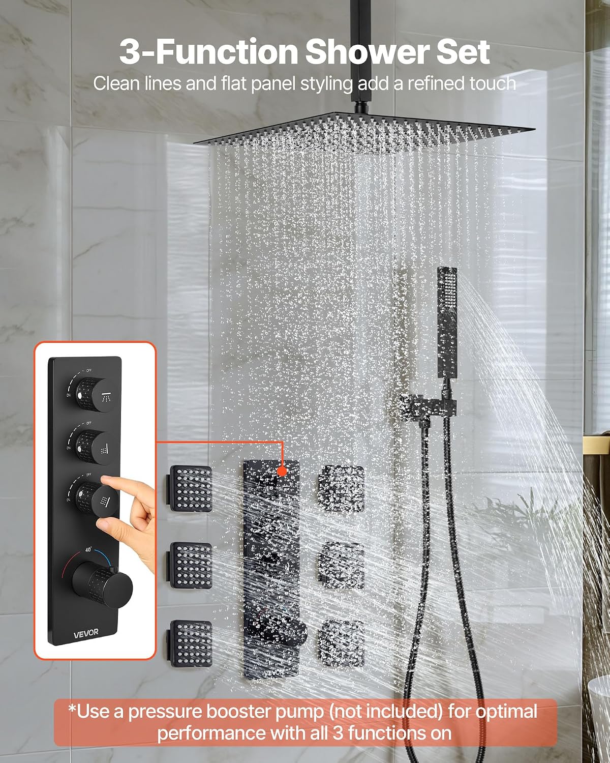 VEVOR Shower Faucet Set, 16 Inch Thermostatic Ceiling Mount Rainfall Shower System with 6 Body Jets and Handheld Spray, Rotatable 3-Function Rain Head Complete Brass Valve and Trim Kit, Matte Black