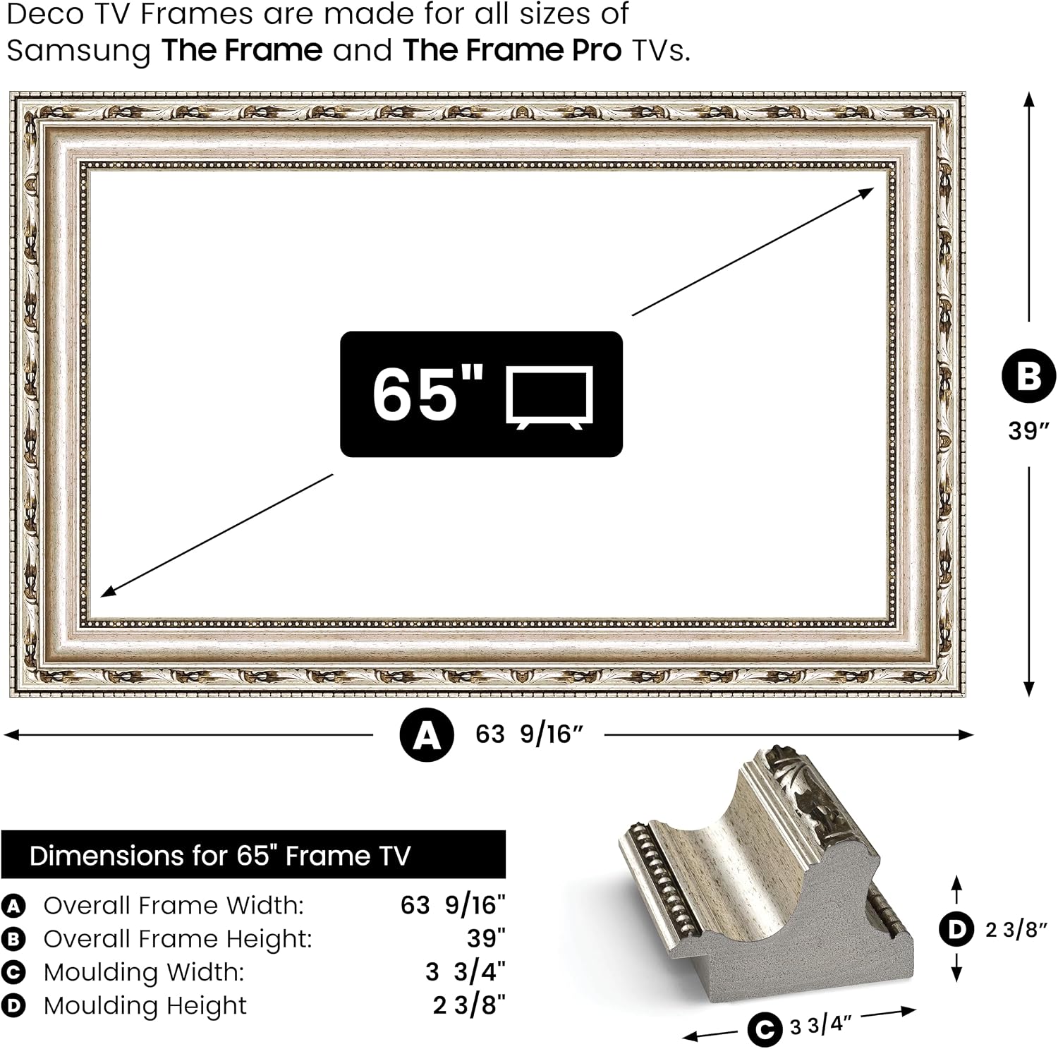 Ornate Silver 65' Premiere Deco TV Frame - Compatible ONLY with Samsung The Frame TV and Pro TVs (Fits 2021-2026, LS03A, LS03B,LS03C,LS03D,LS03FA,LS03FW)