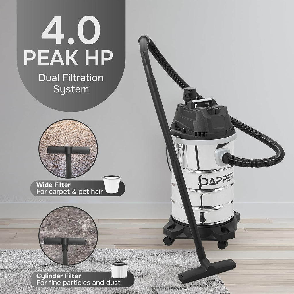 Dapper Supply 10 Gallon 4.0 Peak HP Wet/Dry Vacuum, Stainless Steel Tank, 3 in 1 Function Portable Shop Vacuum with Attachments, Ideal for Jobsite, Garage & Workshop.