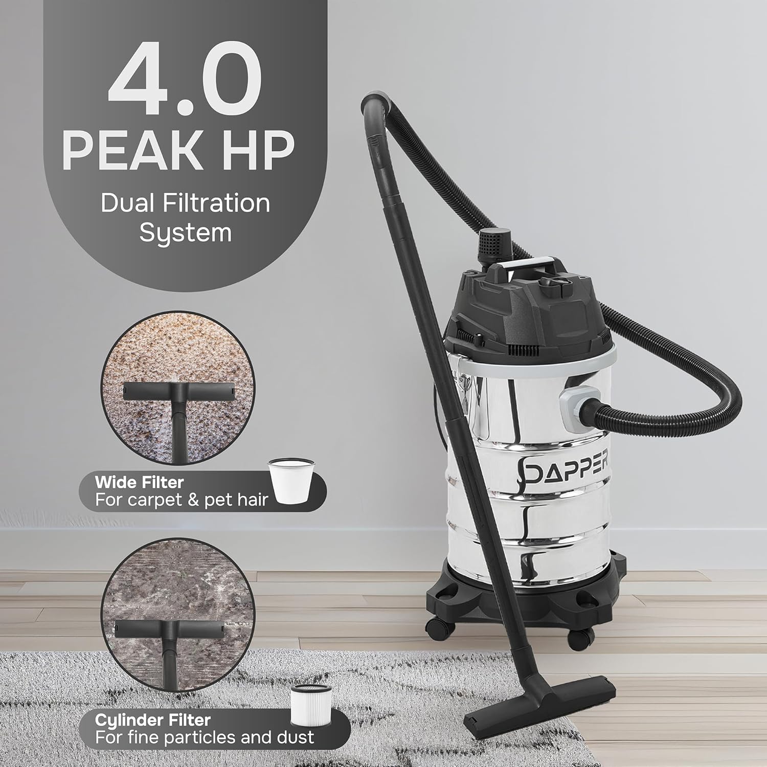 Dapper Supply 10 Gallon 4.0 Peak HP Wet/Dry Vacuum, Stainless Steel Tank, 3 in 1 Function Portable Shop Vacuum with Attachments, Ideal for Jobsite, Garage & Workshop.