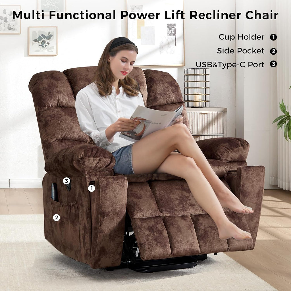 IOMOR Power Lift Recliner Chair for Elderly with Vibration Massage and Lumbar Heating, Overstuffed Electric Lift Chair with 2 Side Pockets and Cup Holders, USB & Type-C for Living Room, Textile Brown