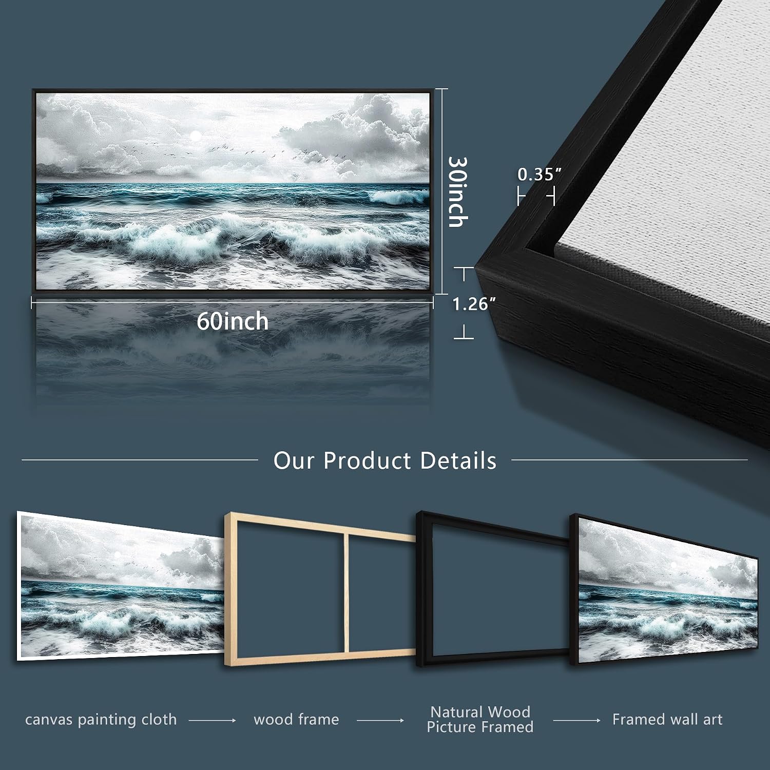 ERQINHUA Black And White Beach Wall Painting Large Canvas Wall Art For Living Room Wall Decor For Bedroom Office Wall Decor Blue Sea Wave Pictures Artwork Hotel Home Decor Black Framed 30x60 In