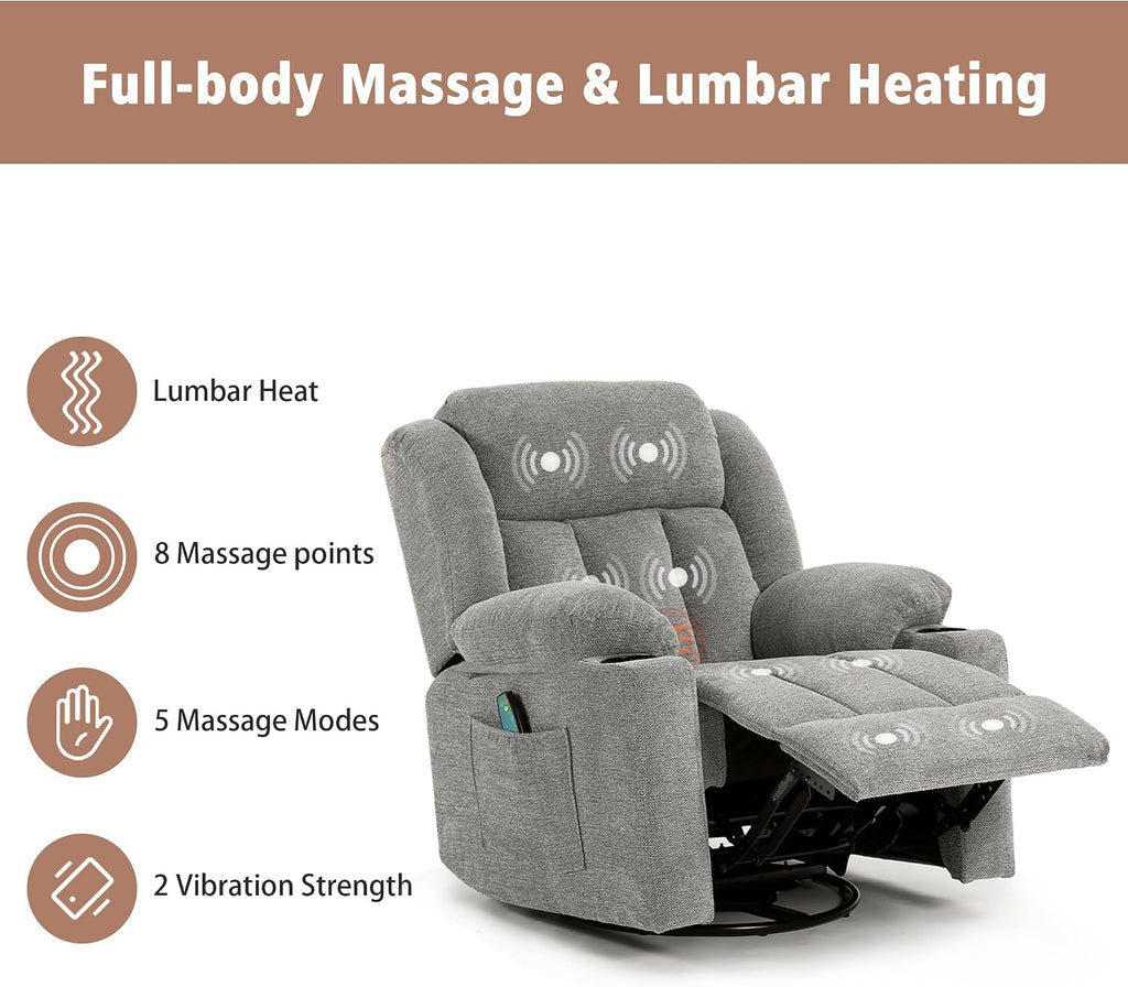Ketaiyou Rocker Swivel Recliner Chair for Adults, Overstuffed Large Manual Recliner Glider with Massage and Heat, Comfy Soft Fabric Living Room Reclining Sofa Chair (Lime Gray)