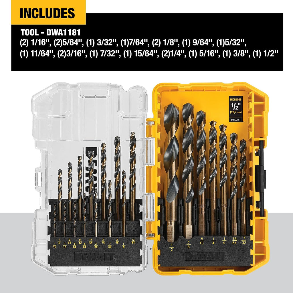 DEWALT Drill Bit Set, 21-Piece, 135 Degree Split Point, 31 Degree Helix, Black Oxide Coated, for Plastic, Wood and Metal (DWA1181) (Pack of 5)