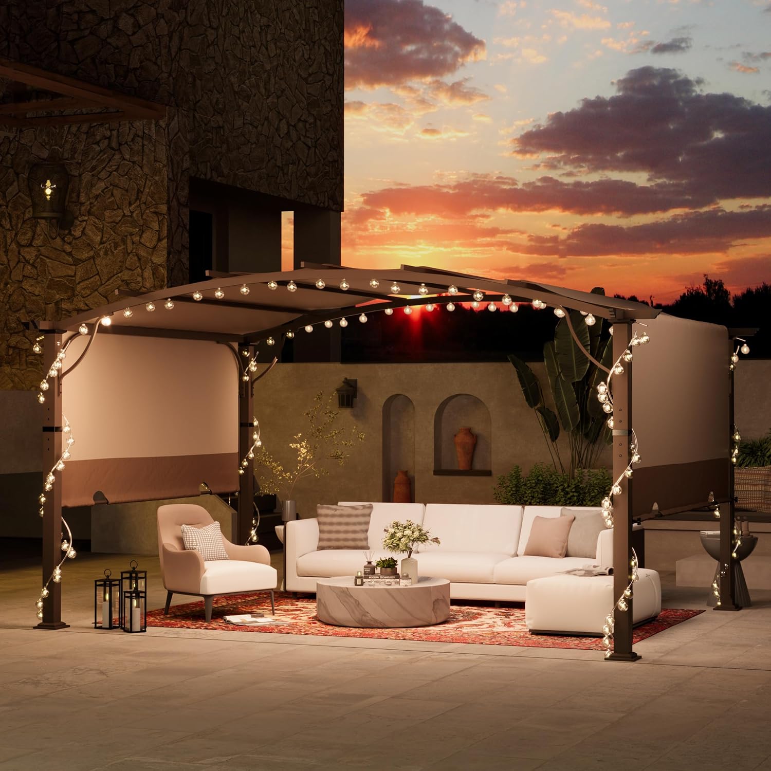 HAPPATIO 10' x13' Outdoor Retractable Pergola, Aluminum Pergola with Canopy Fixed in Various Positions, Arched Patio Top with Sun Shade Canopy Metal Frame for Backyards, Gardens, Patios (Brown)