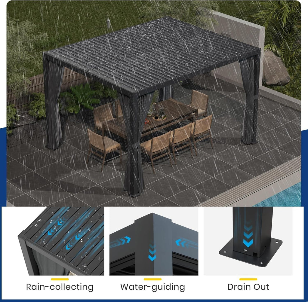 10' ×12' Outdoor Louvered Pergola, Aluminum Outdoor Louvered Pergola Patio with Adjustable Roof for Outdoor Deck, Backyard, Garden (10X12FT)