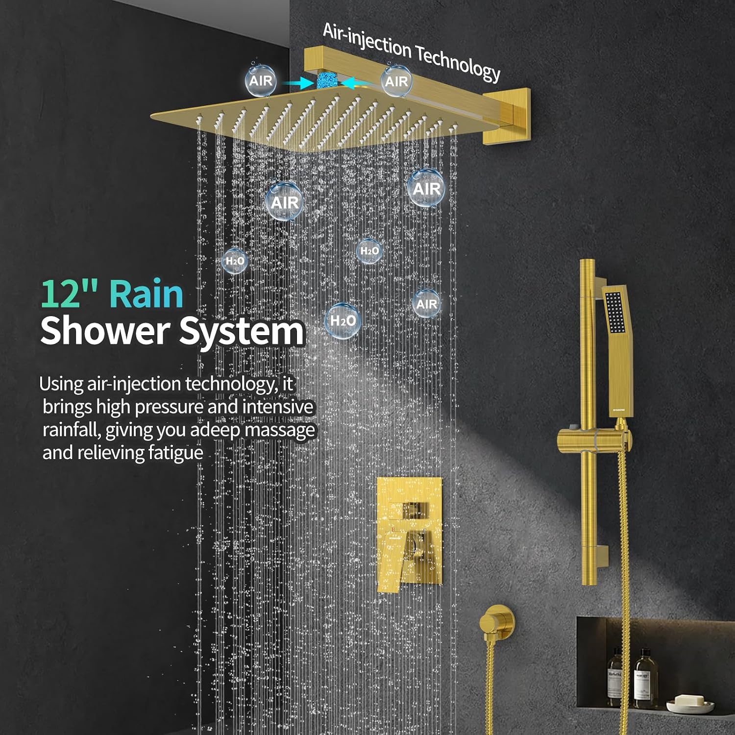 SR SUN RISE 12 Inch Brushed Gold Shower Faucet Set, Wall-Mount Adjustable 16-Inch Slide Bar with Square Hand Shower System Included Valve and Trim Kit
