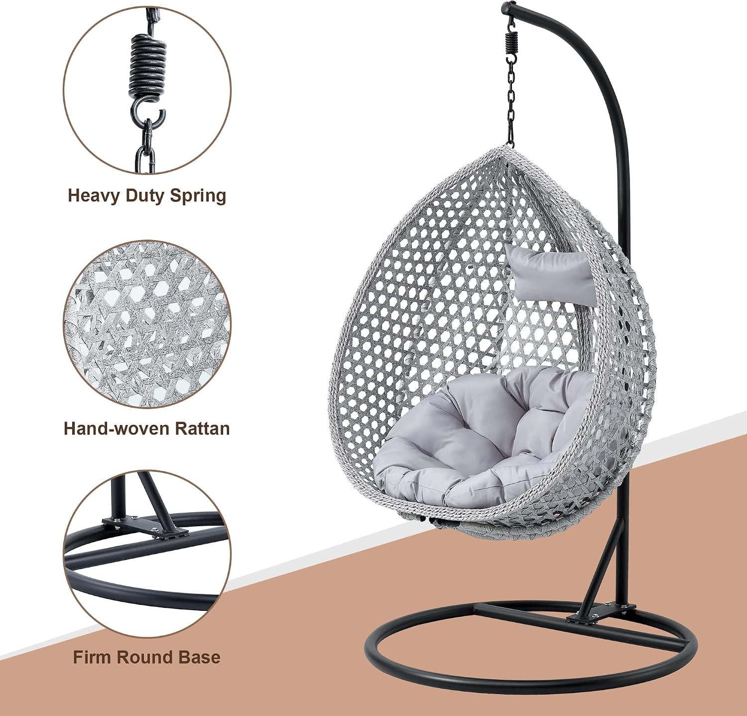 Egg Swing Chair with Stand,Grey Hanging Egg Chair with Stand, Rattan Swing Egg with Soft Cushion, Outdoor Hanging with Foldable Basket & Metal Stand for Bedroom Patio (Gray)